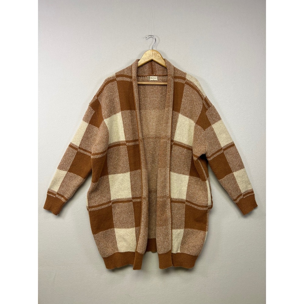 Boho Cottagecore Altar'd State Women M Brown Plaid Oversized Open Front Cardigan